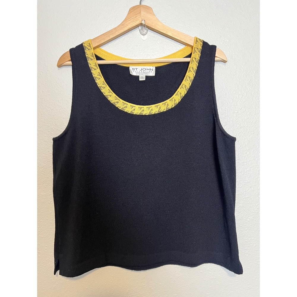 St John Collection Marie Gray Navy Blue Yellow Lace Trim Knit Tank Top Size L